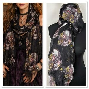 Sheer Black Skeleton Skull Floral Scarf Gothic Boho Witchy Shawl Wrap Whimsigoth